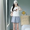 Shorts Casuais Listrados Bordados Azuis para Mulheres Verão 2026 Esportivos Cintura Alta Cordão Soltos Corte A Casual Calças de Cinco Pontos