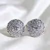 Pendientes exclusivos de moda transfronterizos con diamantes redondos e incrustaciones completas de circonita, pendientes de cobre para mujer, pequeños accesorios clásicos europeos y americanos al por mayor