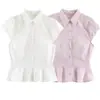Camisa de manga curta com gola babado e design que afina a cintura, camisa curta listrada com barra babada, top de manga curta slim fit para o trabalho