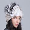 Gorro de Lana Grueso de Invierno Nuevo para Mujer Estilo Europeo y Americano, Gorro de Piel de Conejo Rex, Gorro de Punto con Cinturón Lateral y Flor