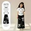 Conjunto de Calça Wide Leg Elegante com Laço para Meninas Mais Velhas, Novo Conjunto de Calça Moda Verão com Acabamento em Renda