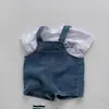 Conjunto de overol y camiseta para niños para verano, conjunto de dos piezas de mezclilla con shorts cortos de manga corta para bebé, overol de camiseta blanca