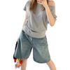 Shorts de Mezclilla Retro de Talla Grande con Corte en A para Mujer, Verano Sueltos de Cintura Alta Adelgazantes Rectos de Pierna Ancha de Longitud Media para Mujeres Curvilíneas