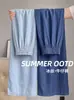 Calças Jeans Lyocell Tencel para Mulheres, Verão Finas Azuis de Cintura Alta com Caimento Slim Fit Plus Size Retas Estreitas de Perna Larga