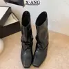 Botas Cuadradas Retro de Piel Genuina con Tacón Oculto Fruncidas Apiladas 2026 Nuevo Estilo Otoño/Invierno Botines con Forro de Terciopelo Botas de Monta para Mujer