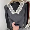 Top de punto con cuello en V y manga larga de encaje de terciopelo Andy para mujer, Capa base ajustada Otoño/Invierno, Suéter Rojo