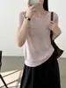 Top de punto calado de manga corta estilo coreano, nuevo modelo otoño 2026, hecho de hilo de papel japonés, corte holgado, casual, elegante, camiseta de cuello redondo para mujer
