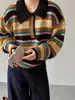 Suéter Retro a Rayas con Bloques de Color Festivo Jiangzuo para Mujer, Holgado, Cuello Polo, Tejido Grueso U1343