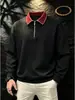 Estilo Primavera/Otoño 2026 Ropa Americana para Hombre Estilo Primavera/Otoño Solapa Engrosada Manga Larga Bloque de Color Costura Expuesta Media Cremallera Top Holgado