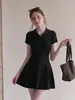Impresionante vestido tipo camiseta de manga corta con cuello polo negro para mujer, para verano, entallado en la cintura, adelgazante, elegante y lindo