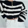 Cardigã curto de tricô com blocos de cor listrados, novo suéter de zíper com gola redonda slim fit estilo coreano para outono e inverno