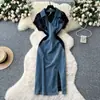 Estilo Leve Maduro Nicho Moda Indústria Pesada Costura de Renda com Diamantes Gola Polo Manga Curta Jeans Cinturado Vestido Vestido de Verão Feminino