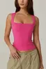 2024 Novo Verão Amazon Novo Feminino Gola Quadrada Sem Mangas Camisa de Malha de Camada Dupla Camiseta Básica Colada