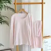 Pijama con Almohadillas para el Pecho para Mujer, Algodón Puro, Primavera y Otoño, Delgado, Holgado, de Manga Larga, Pantalón Largo, Sencillo, Se Puede Usar Afuera, Ropa para el Hogar, Conjunto de Dos Piezas