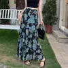 Saia de chifon estampada cor de café estilo retrô para mulheres, saia elegante de verão estilo sereia justa com bordado azul