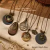 Collar con Colgante de Hoja con Forma de Gota de Agua, Sombrero Redondo de Madera, Cadena para Clavícula Estilo Étnico, Cadena Larga Retro para Suéter, Mujer