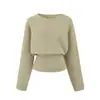 Top de Punto Retro Americano para Chica Atrevida Versátil de un Hombro Ceñido a la Cintura Adelgazante Hombro Caído Largo Manga Larga Venta al por Mayor