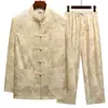 Traje Tang de Seda de Hielo para Hombre de Mediana Edad y Anciano de Manga Larga Casual Primavera Abuelo Estilo Chino Holgado Talla Grande Papá Hanfu