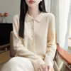 Cárdigan de ganchillo resistente 100% lana pura para mujer, suéter con cuello POLO, camisa base de punto cálida, top versátil