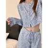Pijama Dulce y Fresco con Estampado de Leopardo Azul Bebé para Mujer, Nuevo Estilo Otoño, Conjunto de Ropa de Casa Holgado de Talla Grande que se Puede Usar Afuera