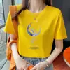 Nova camiseta de algodão puro com modelagem solta e mangas curtas para mulheres, para usar no verão, nova blusa estilosa com estampa, gola redonda, adequada para primavera e outono