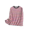 Camiseta de Manga Larga a Rayas Rojas Estilo Retro Coreano con Caída Estilo Americano, Estilo Perezoso, Adelgazante, Versátil, Bloqueo de Color, Camisa Transpirable con Protección Solar para Aire Acondicionado