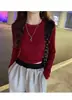 Camiseta Feminina de Algodão Puro Outono, Manga Longa, Ombro Normal, Corte Petite Curto, Camisa Básica Versátil Emagrecedora de Cintura Alta para Mulheres