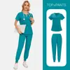 Uniforme Cirúrgico Feminino para Sala de Operação, Casa de Repouso, Salão de Beleza, Clínica Odontológica, Manga Curta, Calça Longa, Uniforme de Enfermeira com Bordado