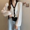 Cardigan de punto para mujer, ajuste ceñido, cuello en V, costuras de gasa, manga larga, nuevo diseño de otoño, top dulce