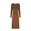 Estación Independiente Comercio Exterior Europeo y Americano Otoño e Invierno Vestido de Canalé de Color Sólido Vestido Largo Simple Elegante de Cuello en V de Botones para Mujer