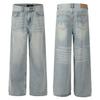 F9020 Retro Americano Calle Alta Unisex Moderno Azul Lavado y Blanco Diseño de Color de Gama Alta Jeans Sueltos para Hombre