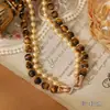 Popular Cadena Doble para Clavícula de Caballo con Piedra Natural Ojo de Tigre y Cuentas de Color Contrastante de Ainibeni, Collar de Moda y Versátil
