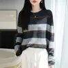 Suéter de punto para mujer, cuello redondo, bloques de color, rayas anchas, diseño calado, mangas largas, estilo pullover, retro, adecuado para primavera y otoño, prenda exterior ligera