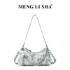 Bolso de mezclilla cruzado estilo ins, dulce y picante, con forma de media luna, patrón de diamantes, lazo de pedrería, correa de cadena, para hombro, cruzado y de mano para mujer