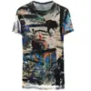 Camiseta de cuello redondo de manga corta para mujer, estilo vintage de mediana edad, de malla, de verano, nueva, de talla grande, ajustada y adelgazante.