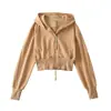 Sudadera con Capucha de Color Sólido y Cremallera Doble con Parches para Mujer, Nuevo Estilo Otoño 2025, Corte Ajustado, Chaqueta Cardigan Corta