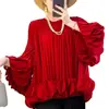 Camiseta de Estilo Europeo y Americano de Lujo Ligero con Cuello Redondo y Mangas Abullonadas para Mujer, Nuevo Modelo Primavera 2026 con Volantes Plisados, Diseño Único, Top Elegante