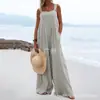Punto 2023 Nuevo Estilo Verano Moda Femenina Estilo Étnico Color Sólido Botón Tirantes Mono Pantalones de Pierna Ancha Pantalones