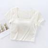 Camiseta Interior Deportiva Casual de Verano para Mujer, de una Pieza, que Muestra el Ombligo, Cuello Cuadrado, Manga Corta, con Almohadillas en el Pecho