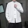 Camisa de manga larga estilo Tang para hombre, cuello alto, talla grande, temporada de primavera y otoño, botón de rana, casual, blanca, 2026, estilo chino, holgada, china