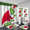 Juego de cortina de ducha impermeable con temática de Grinch, incluye cuatro piezas: cortina de ducha de poliéster, juego de baño impermeable y resistente al moho, y alfombrilla de baño