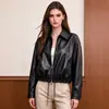 Chaqueta de cuero con solapa estilo europeo con cordón en el dobladillo cremallera abrigo de cuero chaqueta de cuero para mujer estilo popular imitación de cuero PU