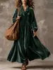 Otoño e Invierno Nuevo Estilo Vestido de Terciopelo Coreano para Mujer Color Sólido Cuello Alto Manga Larga Holgado Talla Grande Vestido de Dobladillo Ancho Vestido Largo Retro Europeo y Americano