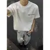 Camiseta de Estilo Americano con Escote Pequeño en el Hombro Derecho, Manga Corta para Hombre, Verano, Ropa de Tipo Duro, Camiseta de Peso Pesado 300g, Corte Limpio