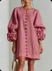 Vestido de Algodón y Lino con Mangas de Farol Floral 3D Francés Cuello Redondo de Botones Sencillos Holgado Favorecedor Falda Corta de Vacaciones YJ190