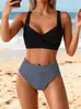 Traje de baño de dos piezas transfronterizo, Bikini de color liso de cintura alta, Vacaciones en la playa, Comercio exterior europeo y americano, Mujeres de talla grande, Talla grande, Super reductor