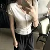 Novo Estilo de Verão Top de Tricô Hong Kong Retrô com Decote V de Manga Curta e Design de Cardigã Falso, Cintura Marcada, Emagrecimento, Top Feminino Versátil