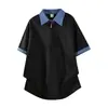 Camisa Polo Patchwork com Meio Zíper Tendência Masculina e Feminina para Casal Verão Masculino Gola Lapela Solta Ombro Caído Casual Manga Curta