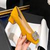 Fivela de strass francês decotado couro salto alto sapatos de camada única sapatos de casamento vermelhos femininos sapatos cheongsam couro genuíno viajante estilo Hong Kong sapatos de dedo do pé quadrado