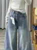 Jeans anchos de mezclilla azul claro texturizados bordados para mujer, nuevo de otoño, cintura alta, holgados, adelgazantes, con caída, pantalones de largo hasta el suelo